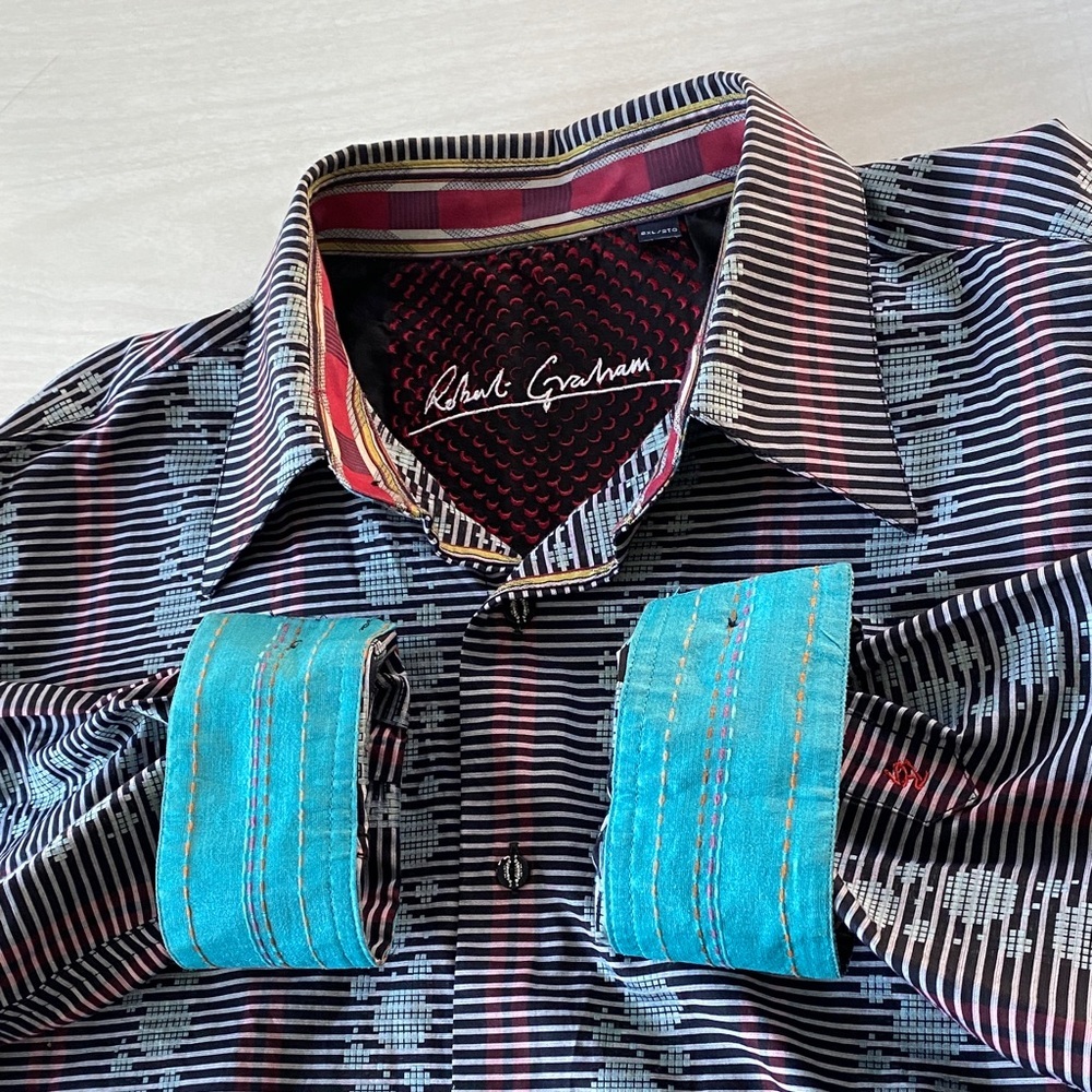Robert Graham Bold Pattern Colourful Dress Shirt Blue pink designer workwear